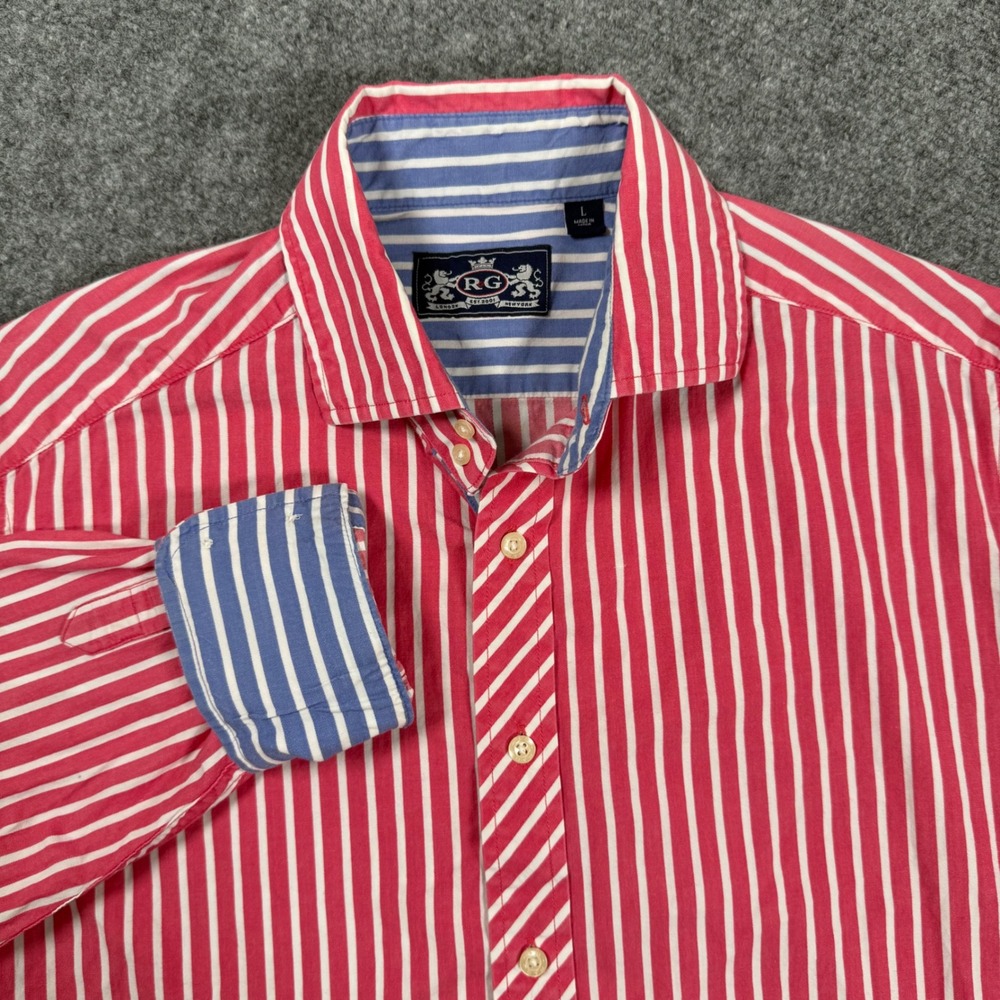 R&G Robert Grahm‎ Shirt Large Red White Blue Stripe Button Up Cotton Men's